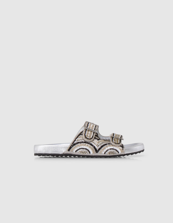Mules silver cuir m&eacute;tallis&eacute; broderies perles Femme-1