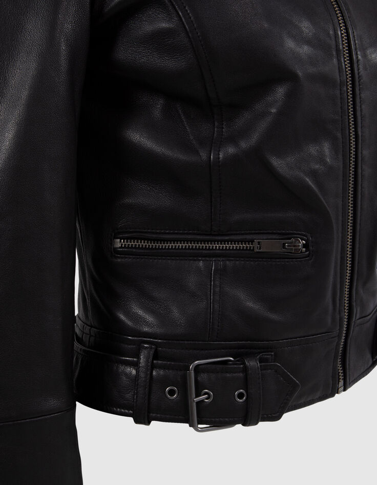 Women&rsquo;s black leather fitted jacket with quilted shoulders-7