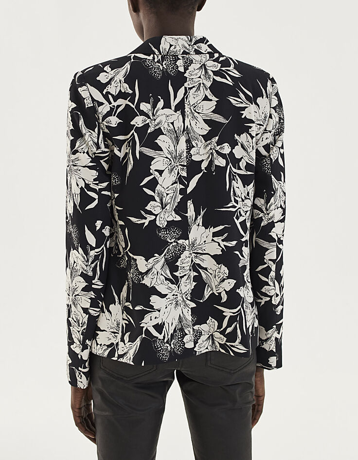 Veste tailleur en crêpe imprimé floral noir et blanc femme-3
