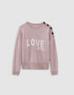 Rosafarbener Jacquard-Pullover aus Alpakamischung für Damen mit Botschaft und Knöpfen-5