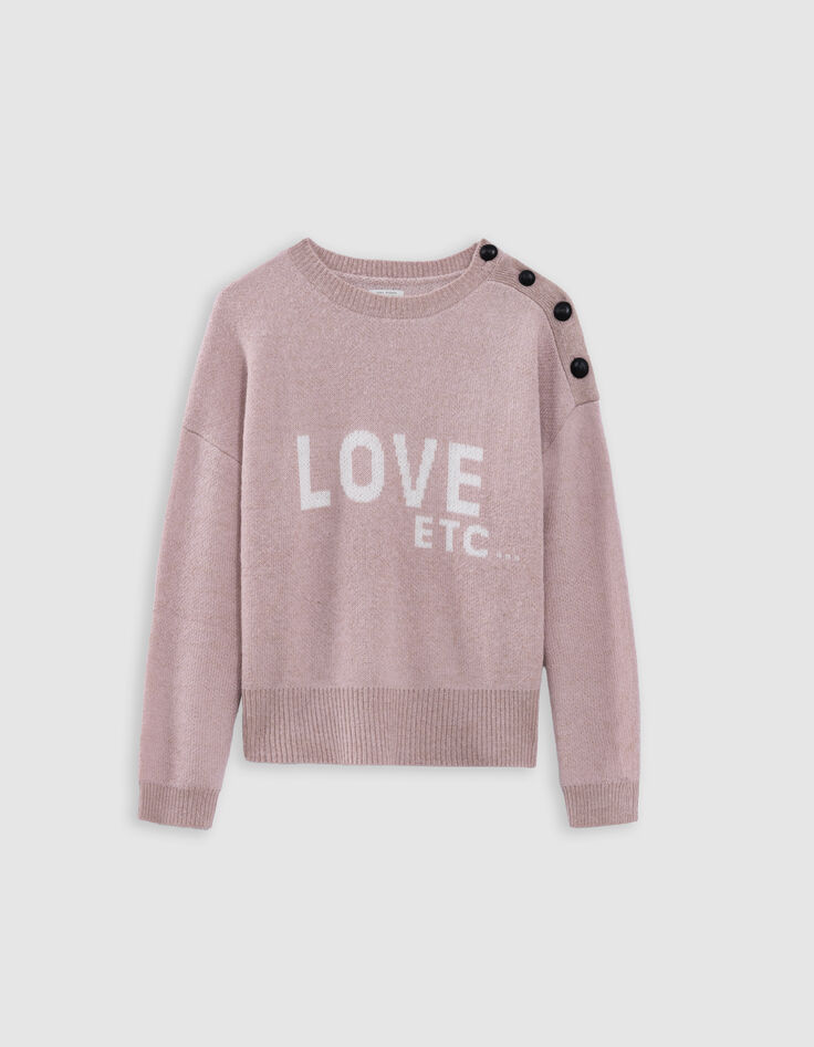 Rosafarbener Jacquard-Pullover aus Alpakamischung für Damen mit Botschaft und Knöpfen-5