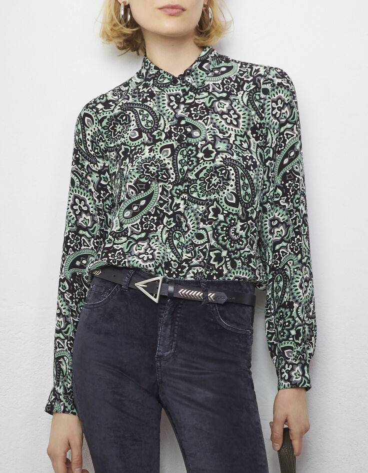 Grüne, lange Damenviskosebluse mit Paisleyprint-2