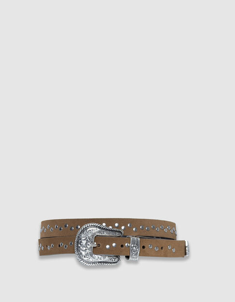 Mujer de cuero de terciopelo camello tachonado cintur&oacute;n de hebilla occidental - IKKS