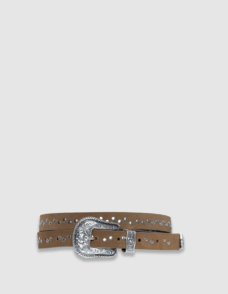Mujer de cuero de terciopelo camello tachonado cintur&oacute;n de hebilla occidental-1
