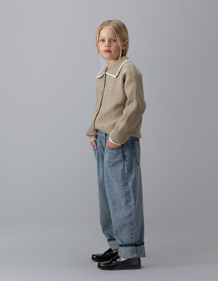 Cardigan beige tricot manches côtelées fille-2
