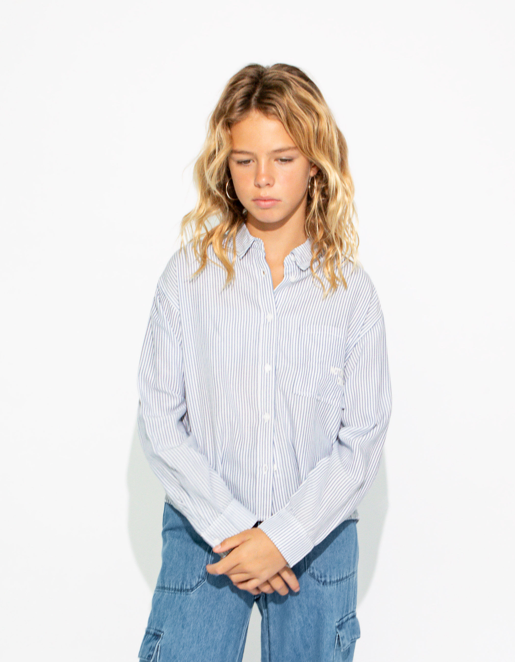 Chemise blanc casse a rayures bleues fille