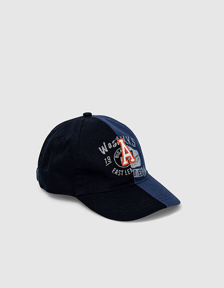 Boys’ navy and black print and letter badge cap 
