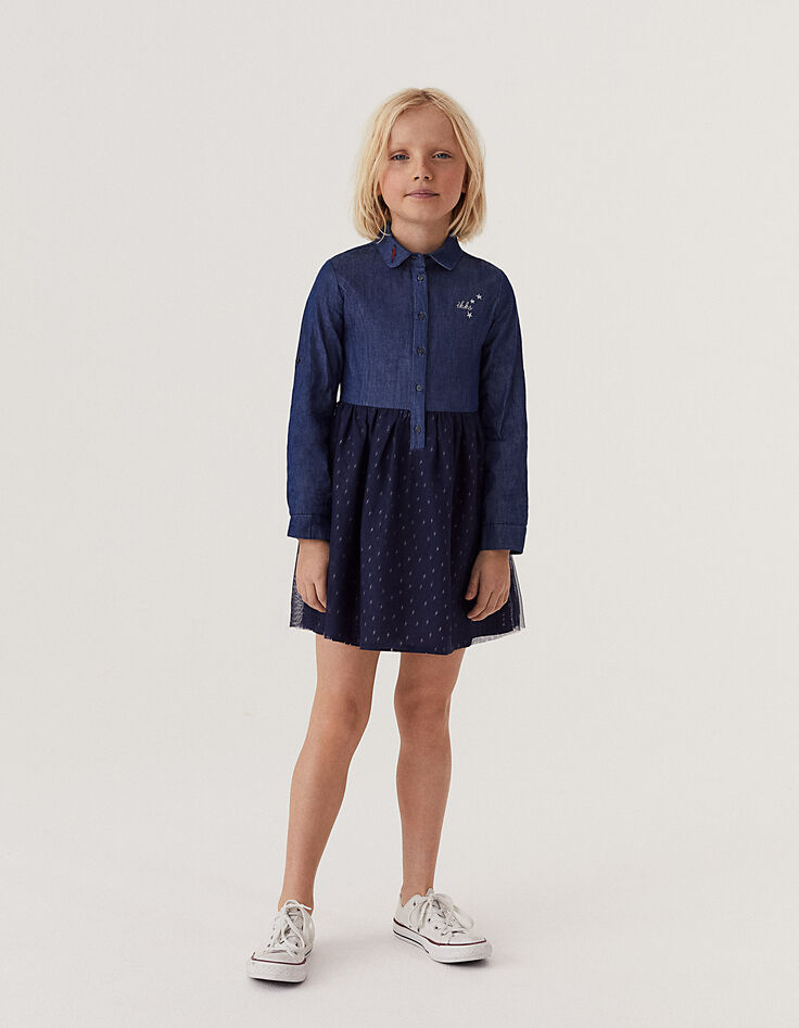 Vestido camisero índigo bi-tejido con tul niña-2