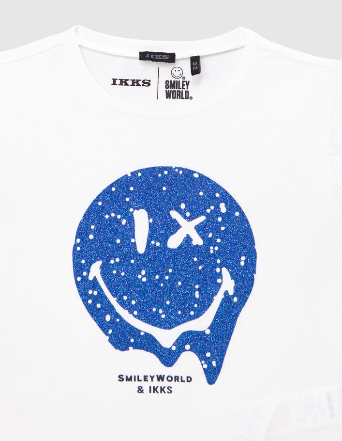 T-shirt blanc print bleu pailleté SMILEYWORLD fille - IKKS