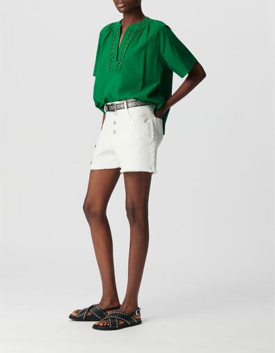 Top ample verte coton bio encolure brod&eacute;e Femme - IKKS
