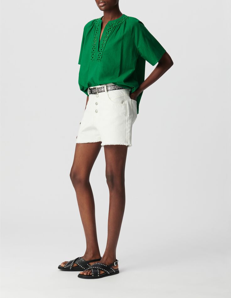Top ample verte coton bio encolure brod&eacute;e Femme-1