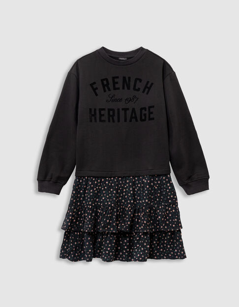 Zwarte sweatjurk twee materialen bloemenprint meisjes - IKKS
