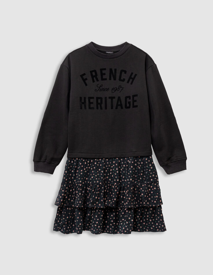 Girls’ black mixed fabric sweatshirt dress, flower print-2 Girls’ black mixed fabric sweatshirt dress, flower print-2