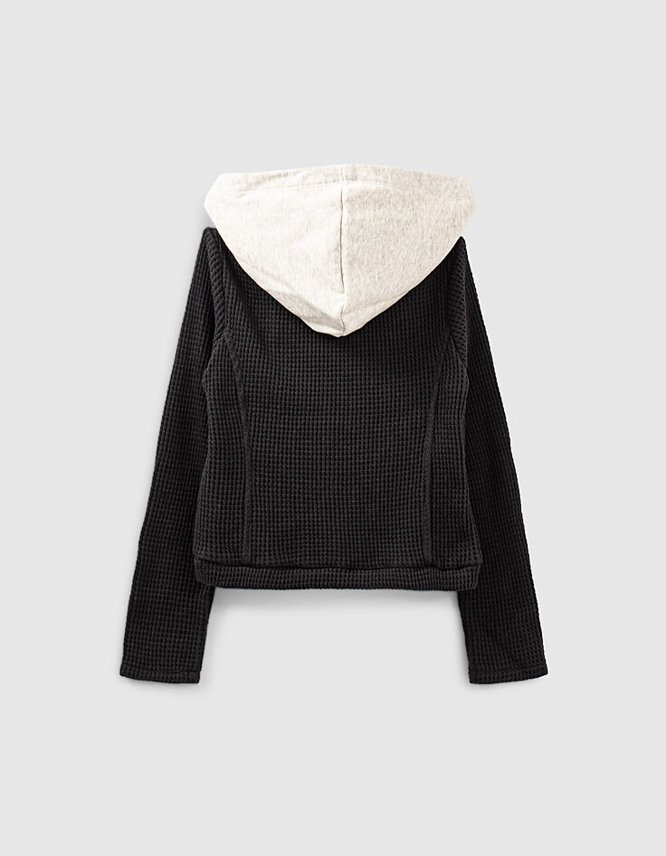 Cardigan noir esprit motard nid d'abeille à capuche fille-3 Cardigan noir esprit motard nid d'abeille à capuche fille-3