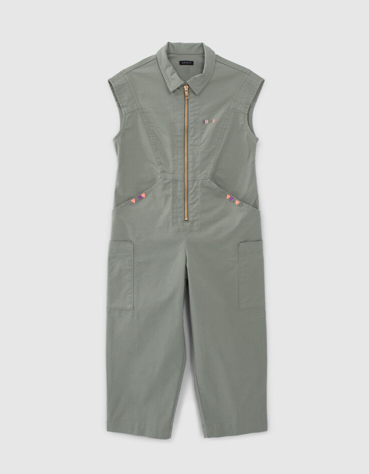 Girls' khaki jumpsuit with colour embroidery-1 Girls' khaki jumpsuit with colour embroidery-1