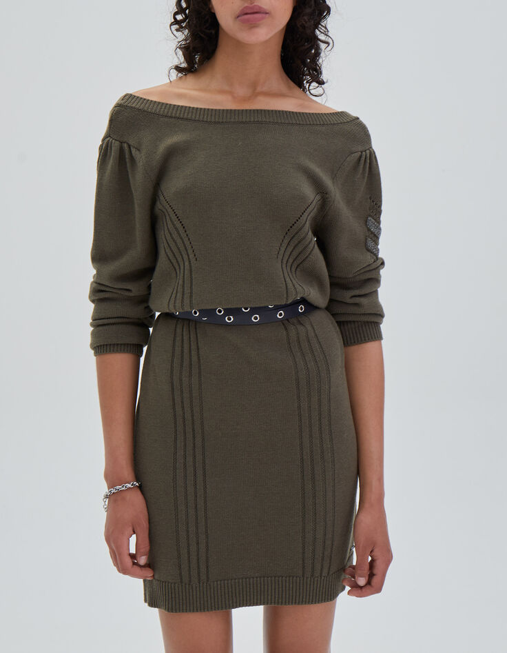 Vestido corto caqui punto juego puntos espigas mujer-1