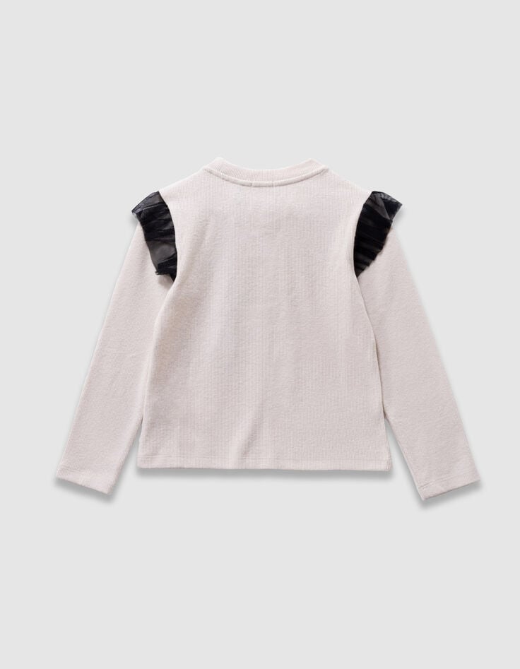 Camiseta beige bordado rosa volantes tul niña-3