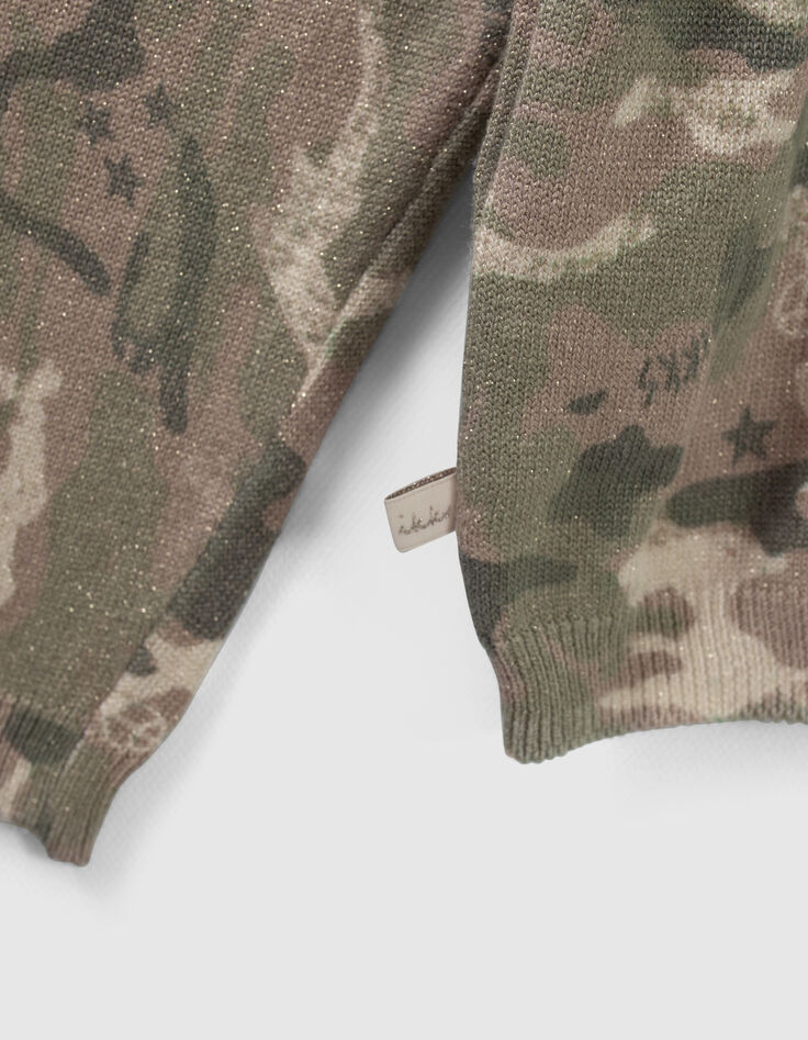 Girls’ khaki glittery camouflage motif knit sweater-5