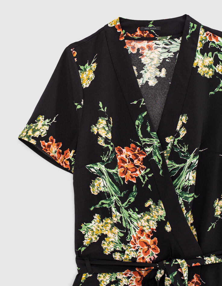 Combinaison en twill noir imprimé bouquet de fleurs femme-2 Combinaison en twill noir imprimé bouquet de fleurs femme-2