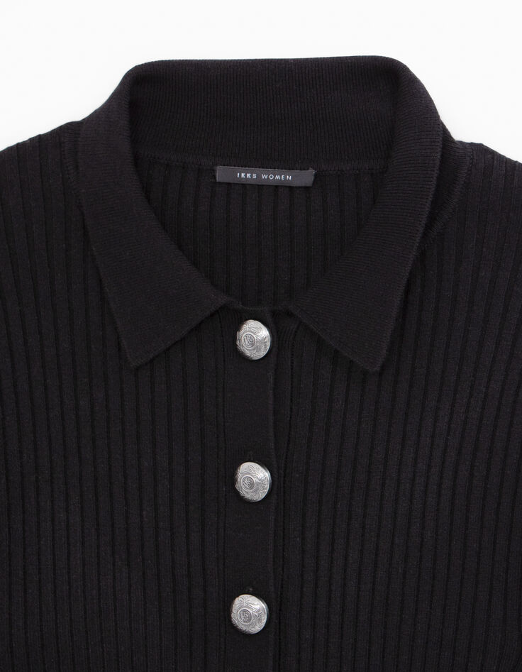 Schwarze gerippte Strickjacke mit Knopfleiste f&uuml;r Damen-6