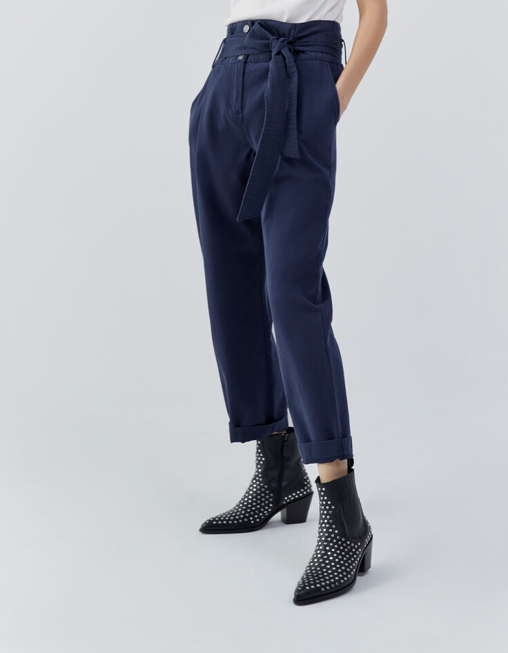 Pantalon large marine avec ceinture amovible Femme-2