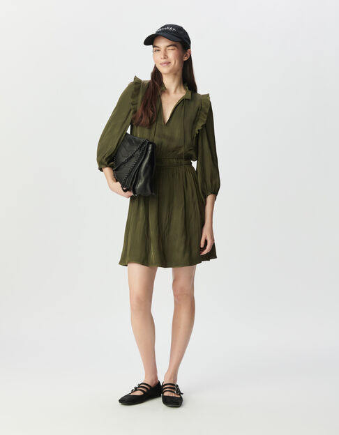 Vestido caqui satinado arrugado volantes plisados mujer - IKKS