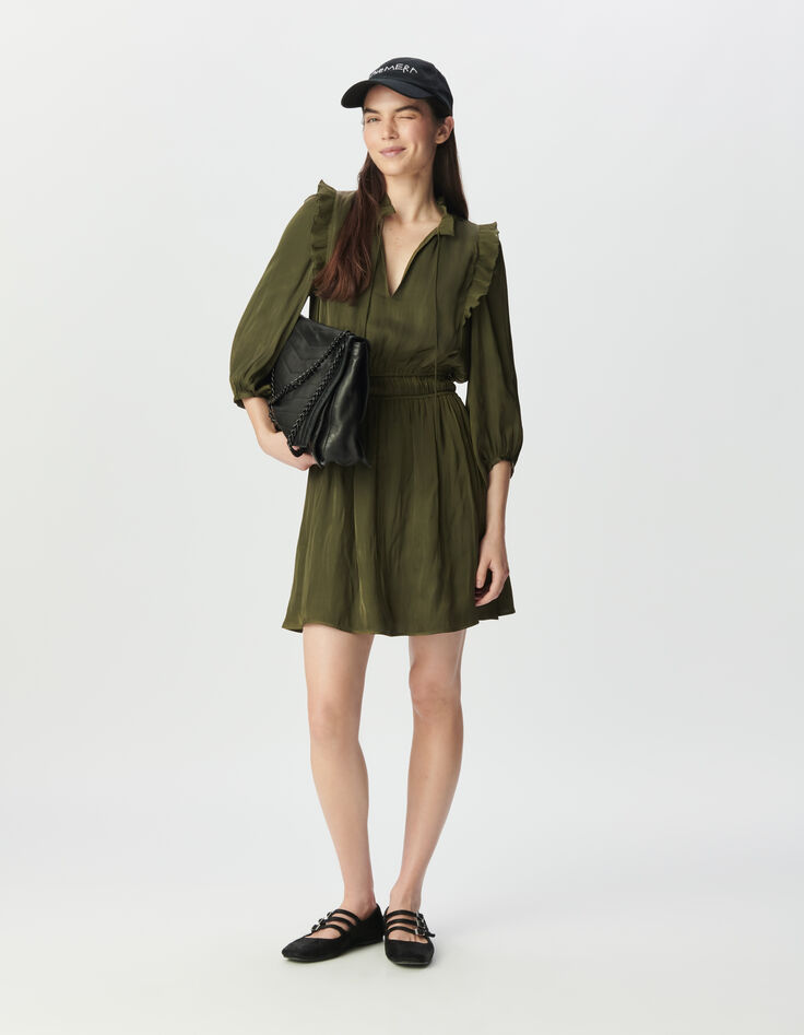 Vestido caqui satinado arrugado volantes plisados mujer-1
