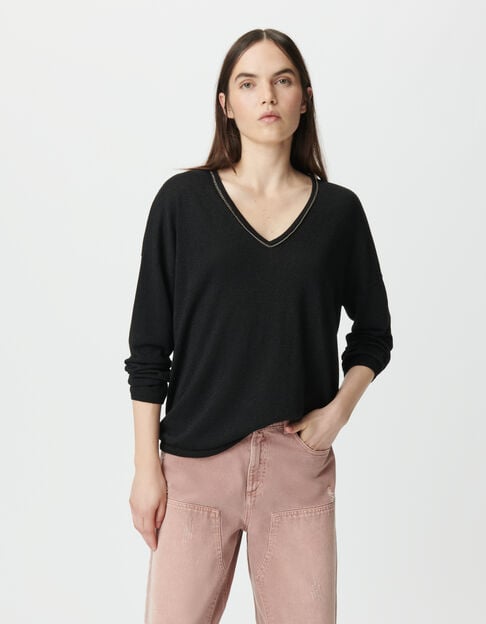 Pull noir tricot fin lurex encolure bijou Femme - IKKS