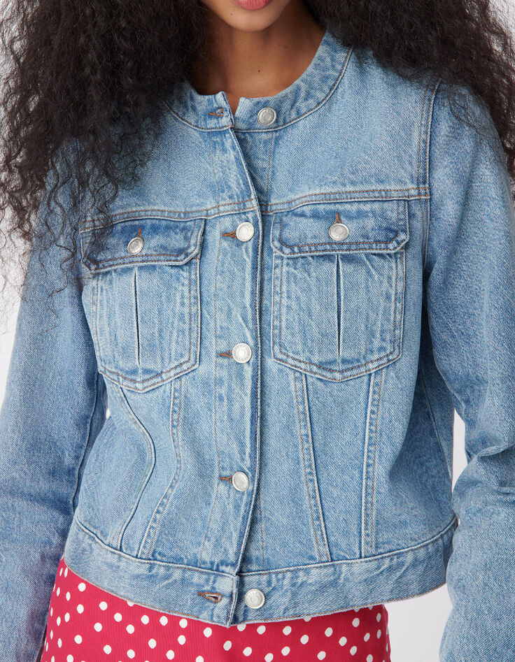 Veste en jean bleu col rond Femme-5