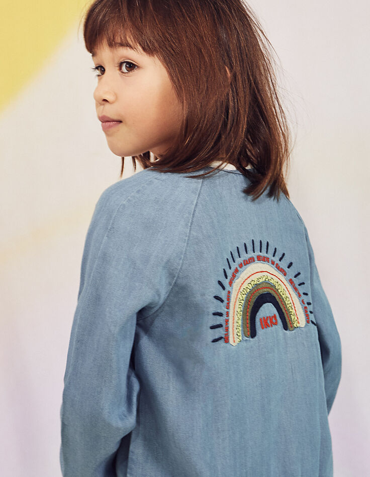 Bomber bleu Tencel© brodé arc-en-ciel dos fille-1