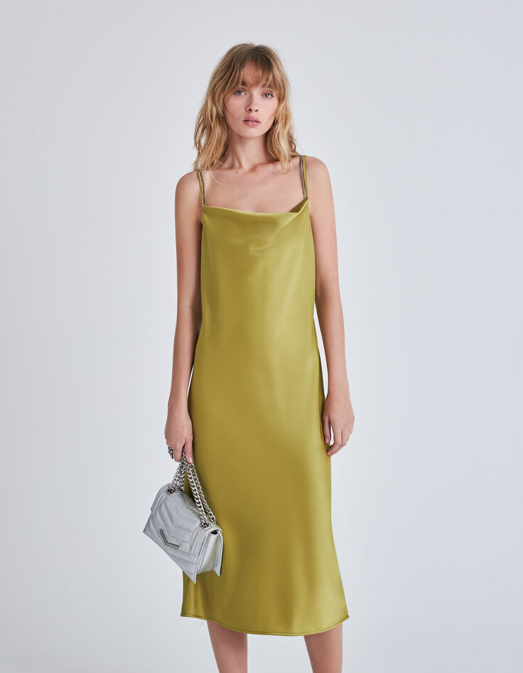 Vestido largo verde raso tirantes finos mujer-3