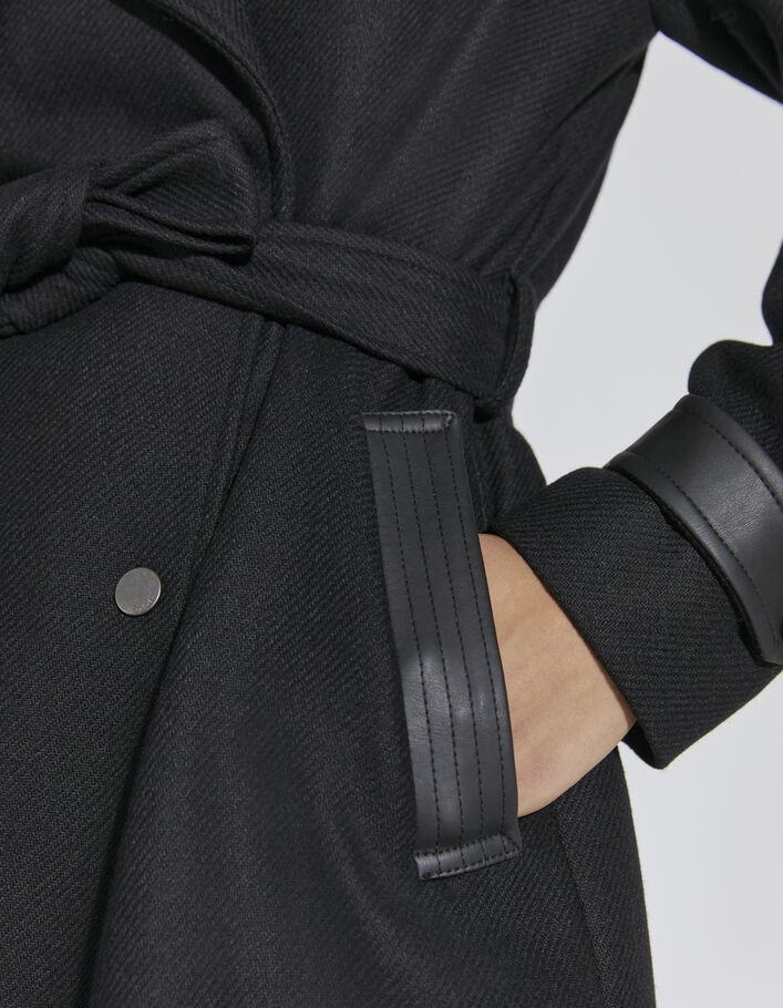 Trench long en mix laine et finitions faux cuir noir femme