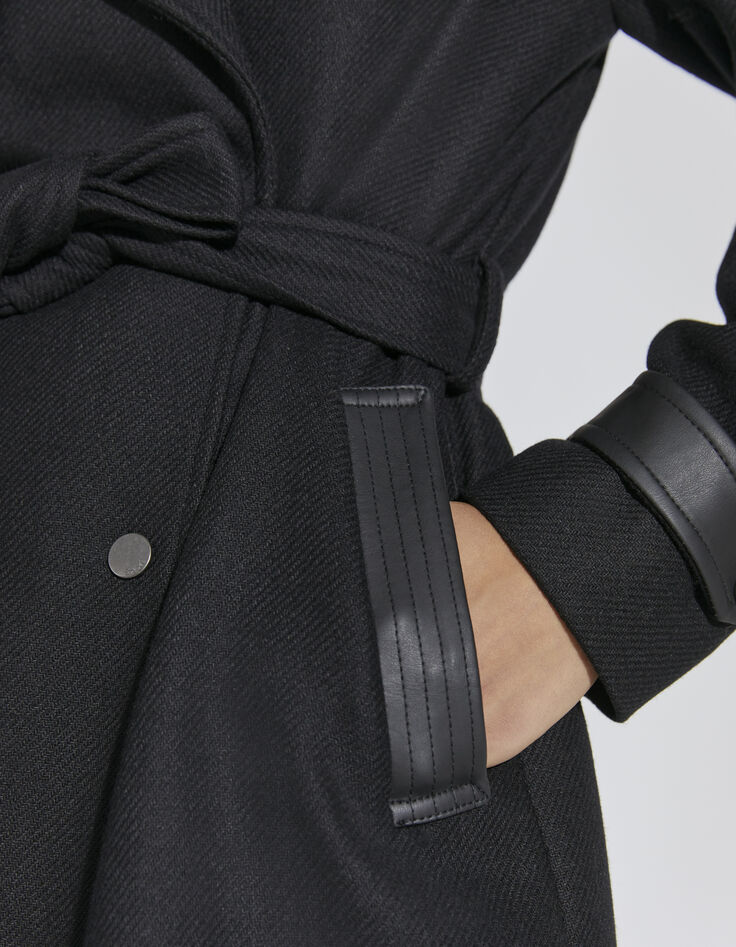 Trench long en mix laine et finitions faux cuir noir femme-4