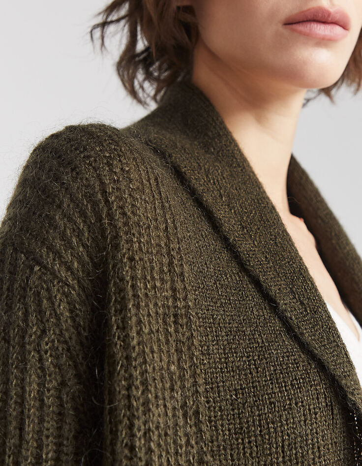 Cardigan kaki mi-long broderie dos femme-4