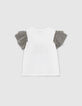 Girls’ off-white T-shirt, palm trees and ruffled sleeves-3