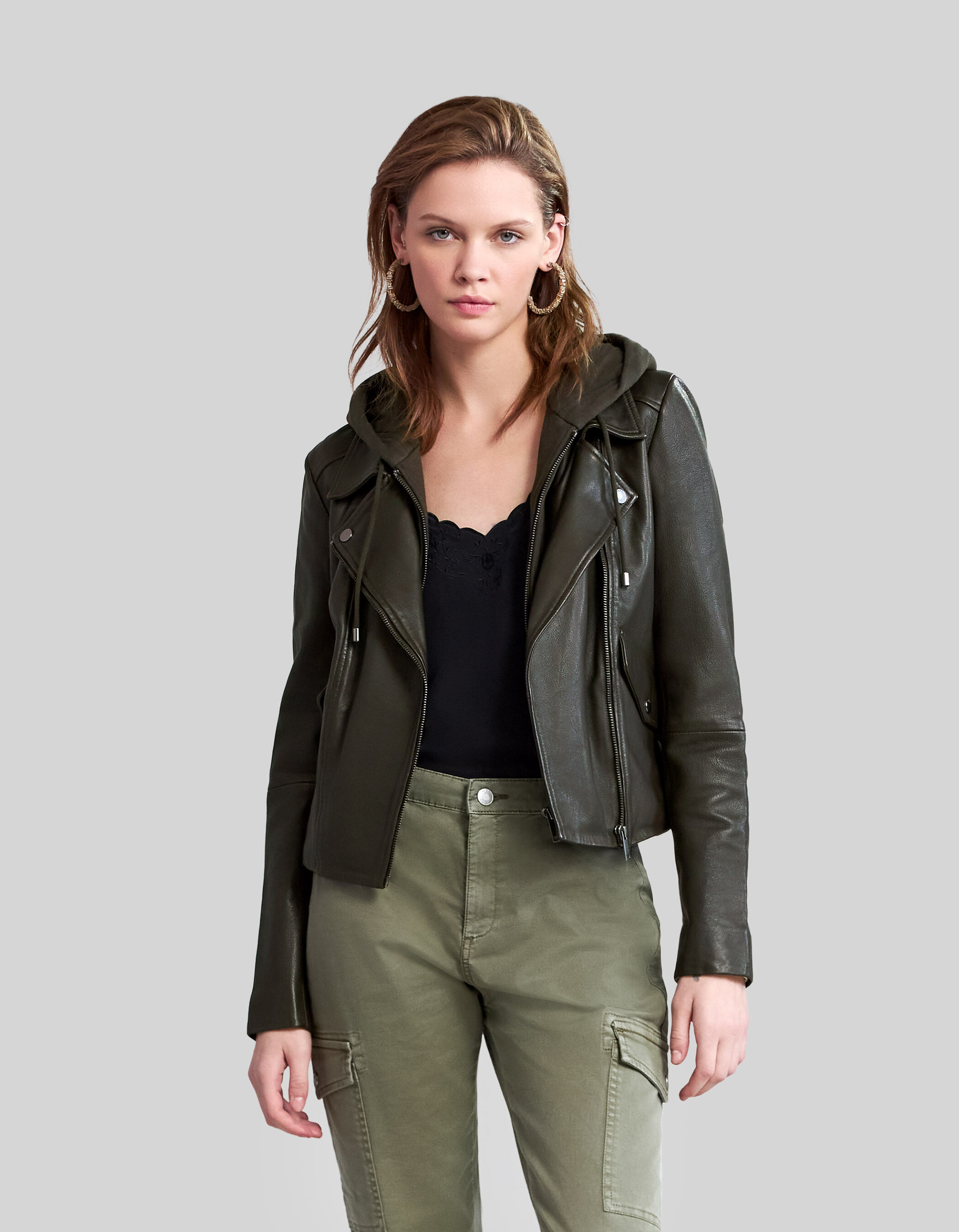 Veste en cuir wakame esprit motard a capuche Femme IKKS