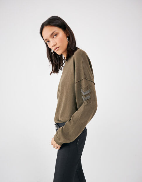 Jersey caqui cuello barco espiga joya juego puntadas mujer