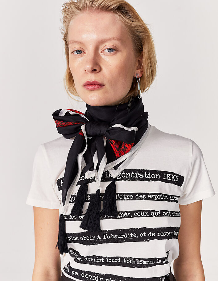 Women’s black modal white-edged fine scarf with red lips - IKKS