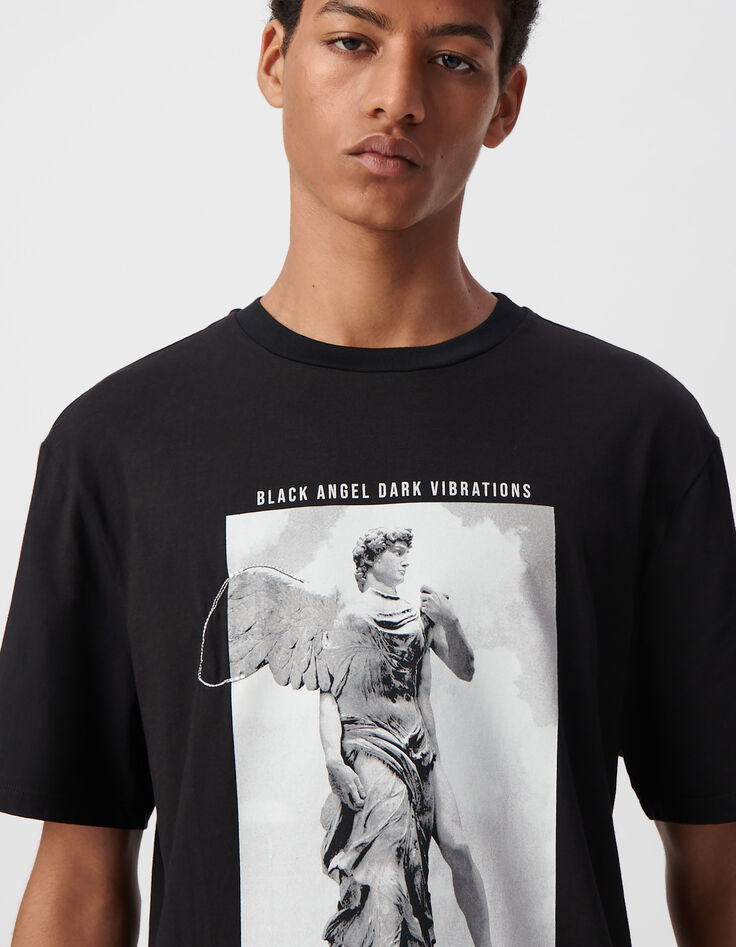 Men's black T-shirt with statue image and embroidery-4