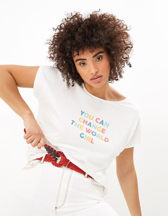 I.Code off-white organic T-shirt with coloured slogan - I.CODE