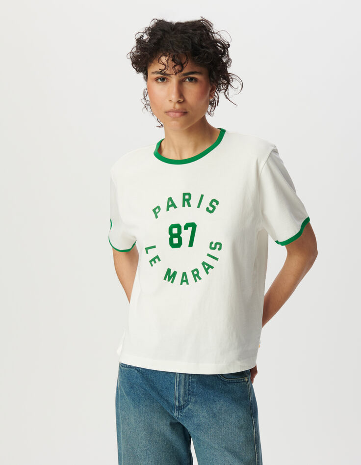 Tee-shirt blanc bords-côtes verts à message-2