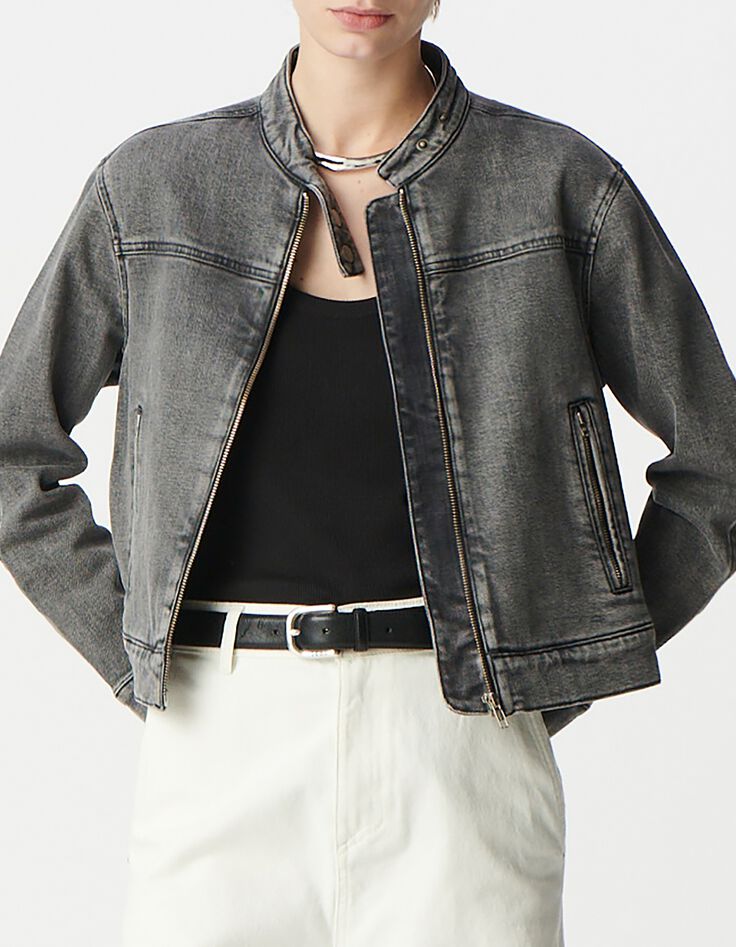 Graue Jeansjacke mit Rei&szlig;verschluss f&uuml;r Damen-2