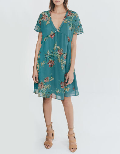 Robe émeraude voile recyclé imprimé bouquet de fleur femme - IKKS