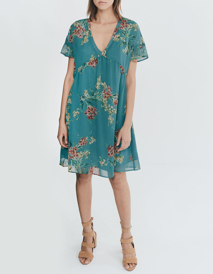Robe émeraude voile recyclé imprimé bouquet de fleur femme-1 Robe émeraude voile recyclé imprimé bouquet de fleur femme-1
