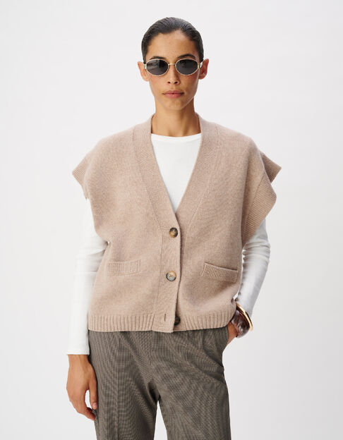 Cardigan sans manches beige tricot 100% laine Femme - IKKS