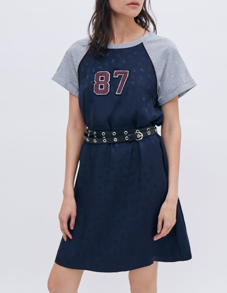 Women’s navy T-shirt dress with grey sleeves-1