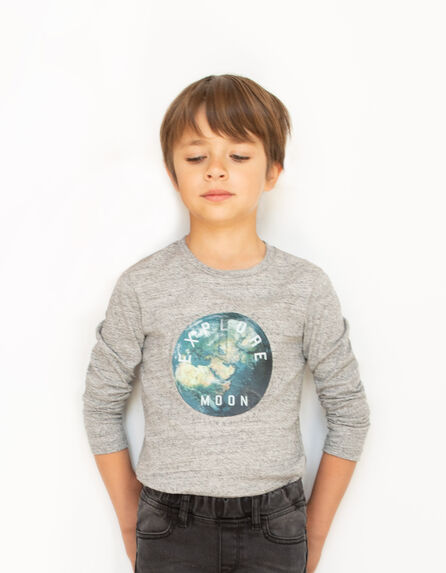 T-shirt gris coton BCI visuel lenticulaire terre et fusée garçon 