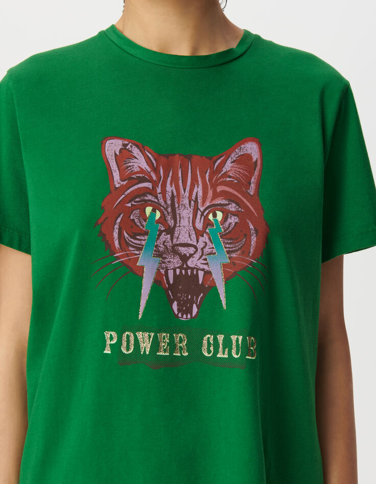 Green crew neck T-shirt with cat and lightning-5