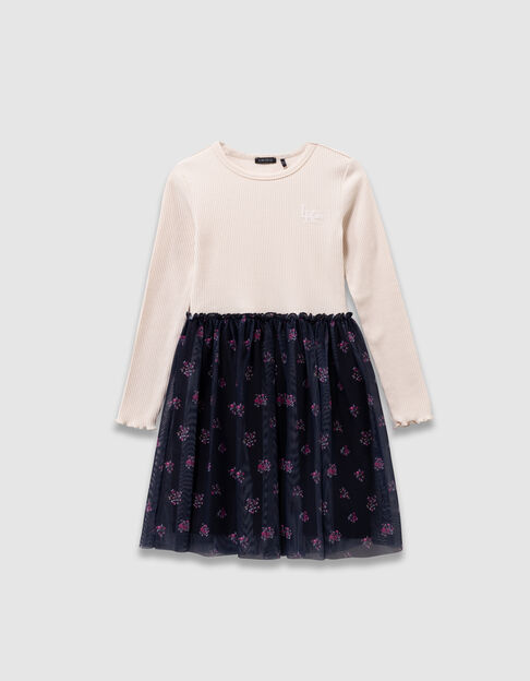 Vestido bimaterial crudo tul ramos niña - IKKS