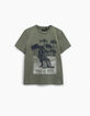 Tee-shirt kaki clair avec visuel T-rex garçon -1